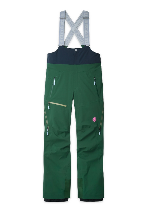 A pair of dark green Stio ski bib pants with a navy blue chest panel, gray adjustable suspenders with black branding, and multiple zippered pockets,. Ski and Tennis Station