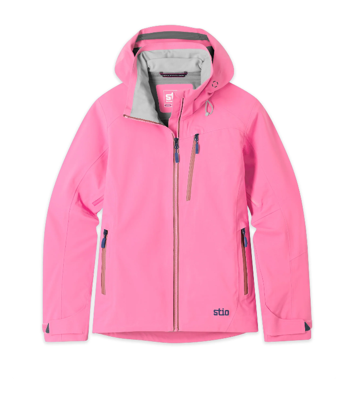 Load image into Gallery viewer, A bright pink Stio women's ski jacket with a full-zip front, zippered hand pockets, and a gray interior hood lining. Ski and Tennis Station
