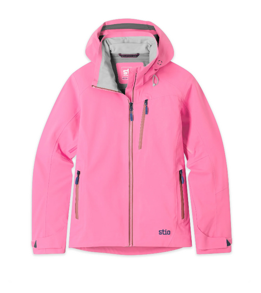 A bright pink Stio women's ski jacket with a full-zip front, zippered hand pockets, and a gray interior hood lining. Ski and Tennis Station