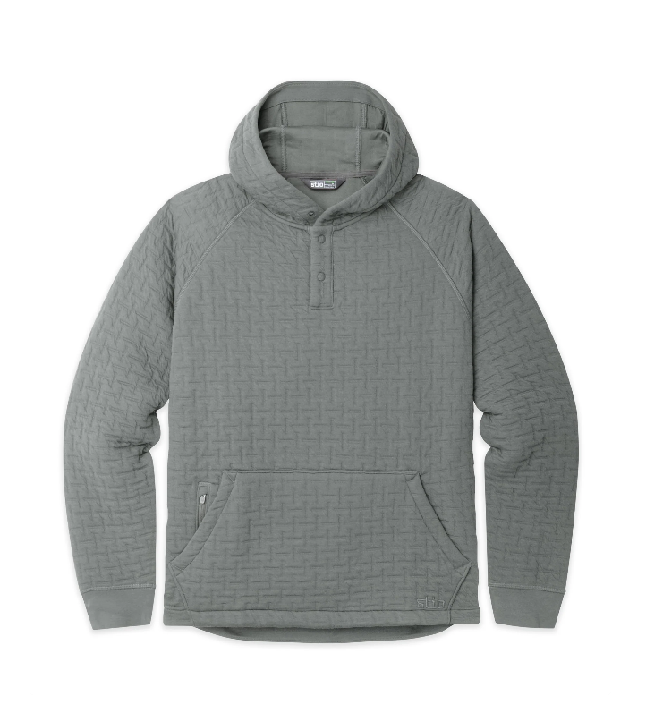 Load image into Gallery viewer, A gray quilted Stio pullover hoodie with a half-button placket, kangaroo pockets, and raglan sleeves Ski and Tennis Station.
