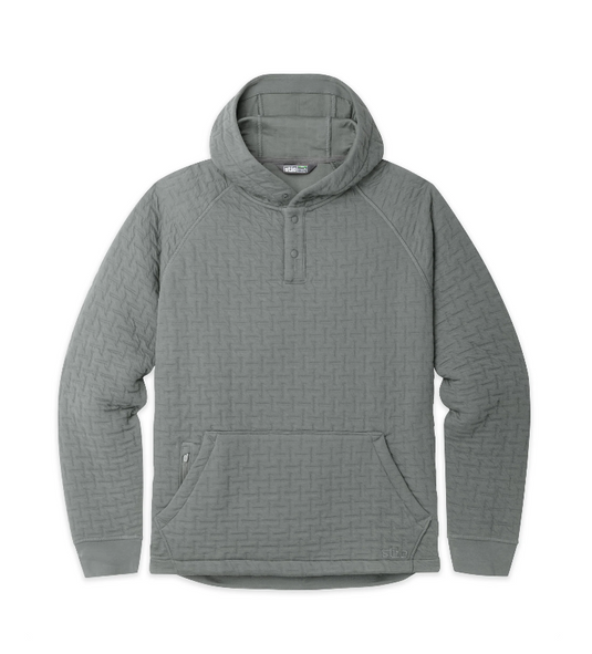 A gray quilted Stio pullover hoodie with a half-button placket, kangaroo pockets, and raglan sleeves Ski and Tennis Station.