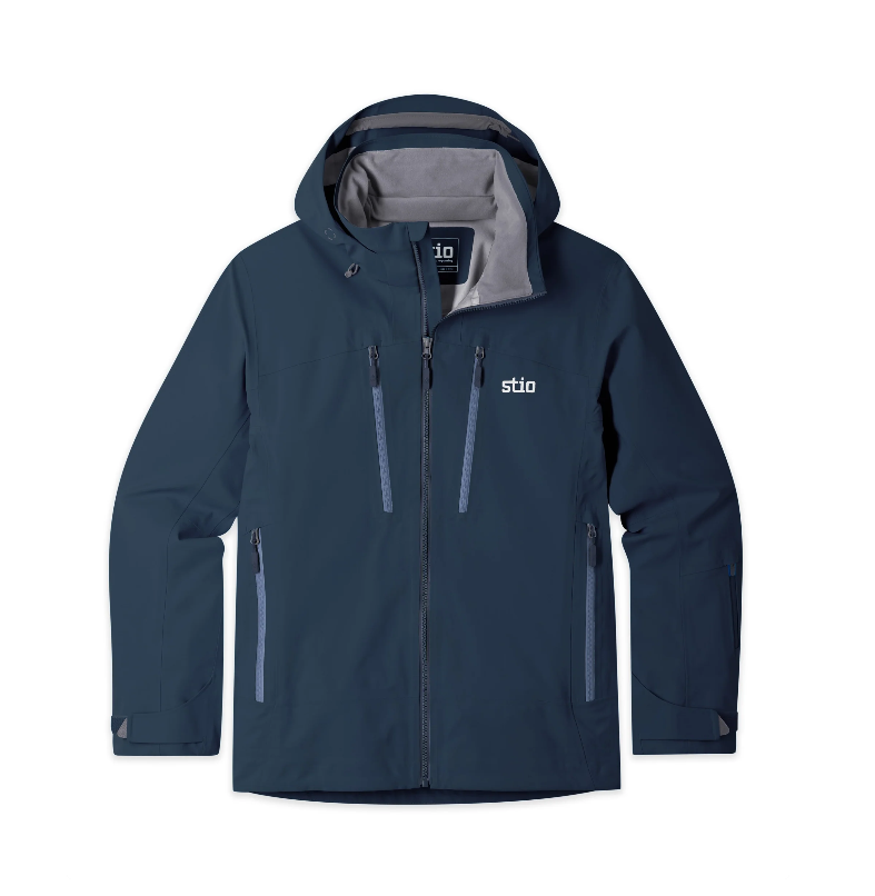 Load image into Gallery viewer, A dark navy blue hooded Stio Environ jacket with a gray interior lining, featuring the white 'stio' logo on the left chest. Ski and Tennis Station
