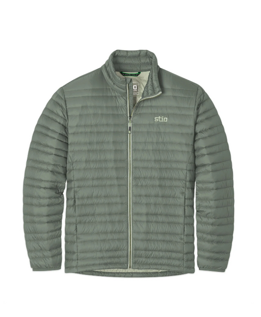 A sage green Stio puffer jacket with a full-zip front, stand-up collar. Ski and Tennis Station