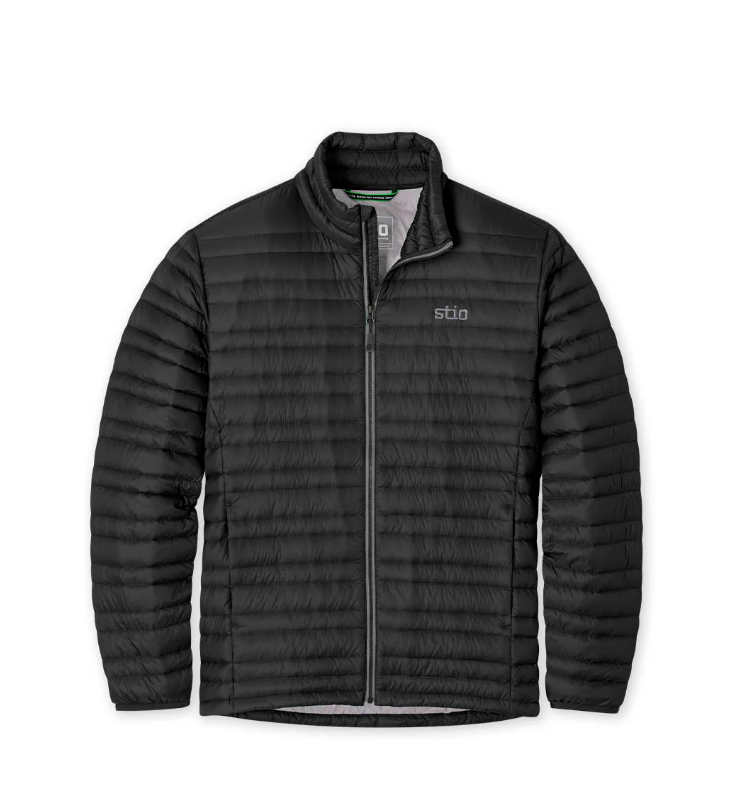 Load image into Gallery viewer, A black Stio puffer jacket with horizontal quilting, a full-zip front, and a stand-up collar, shown on a plain white background Ski and Tennis Station
