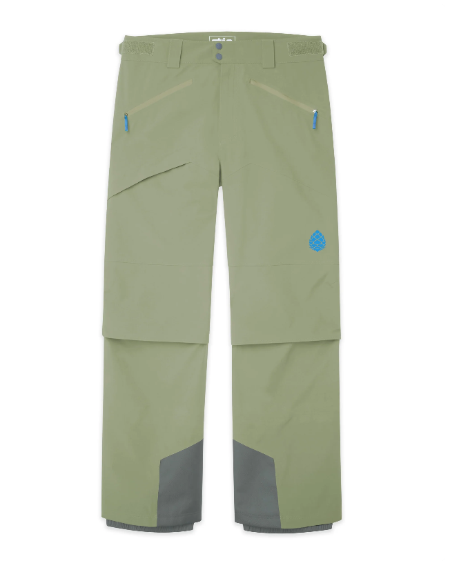 Load image into Gallery viewer, A pair of olive green Stio technical outdoor pants with gray reinforced knee panels and a small blue logo on the left thigh. Ski and Tennis Station

