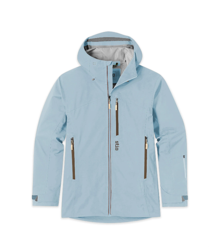 Load image into Gallery viewer, A light blue hooded Stio ski jacket with a full front zipper, two vertical zippered hand pockets, and a gray interior lining. Ski and Tennis Station.
