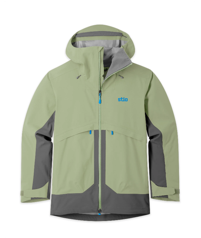 Load image into Gallery viewer, A hooded Stio technical jacket in sage green with dark gray panels and a bright blue logo on the left chest. Ski and Tennis Station.
