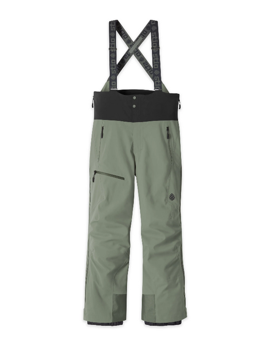 Light green Stio Environ snow bib pants with adjustable suspenders, shown flat against a white background. Ski and Tennis Station.