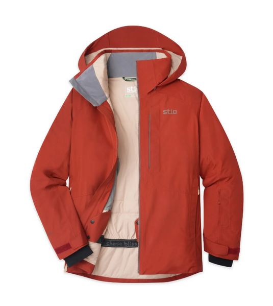 Red insulated Stio men's jacket. Ski and Tennis Station.