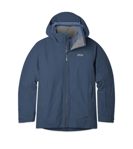 A slate blue hooded outdoor jacket with a full front zipper, zippered hand pockets, and a small white 'stio' logo on the left chest. Ski and Tennis Station