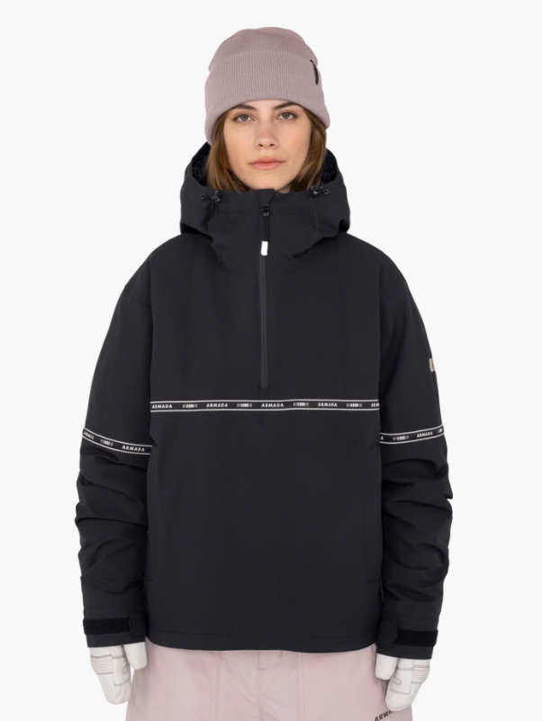 Load image into Gallery viewer, A model wearing a black Armada snowboard jacket with a horizontal white stripe. Ski and Tennis Station
