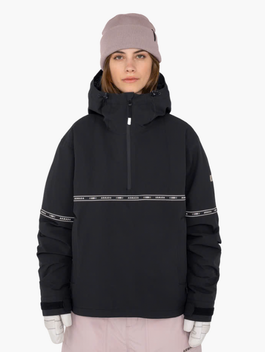 A model wearing a black Armada snowboard jacket with a horizontal white stripe. Ski and Tennis Station