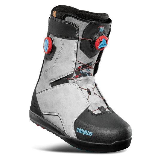 Gray and black boot with red and blue accents on a white background