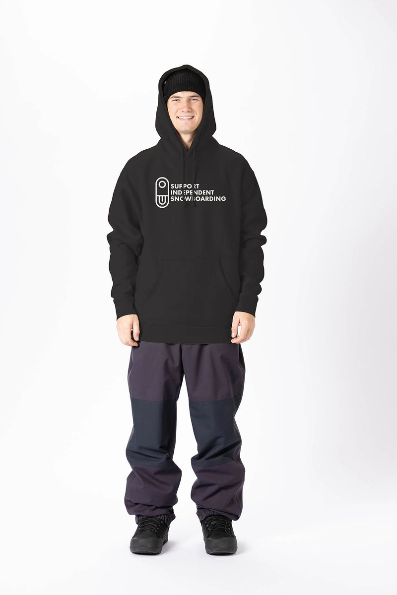 Load image into Gallery viewer, A man wearing a black Airblaster pullover hoodie with a white printed snowboarding graphic on the chest. Ski and Tennis Station

