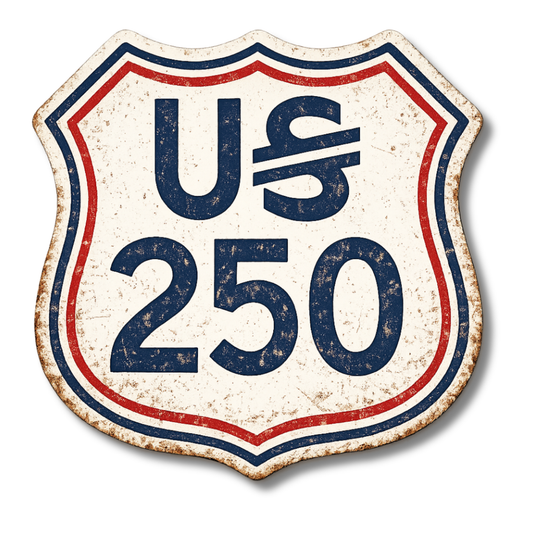 Vintage-style road sign magnet with 'US 250' text on a white background