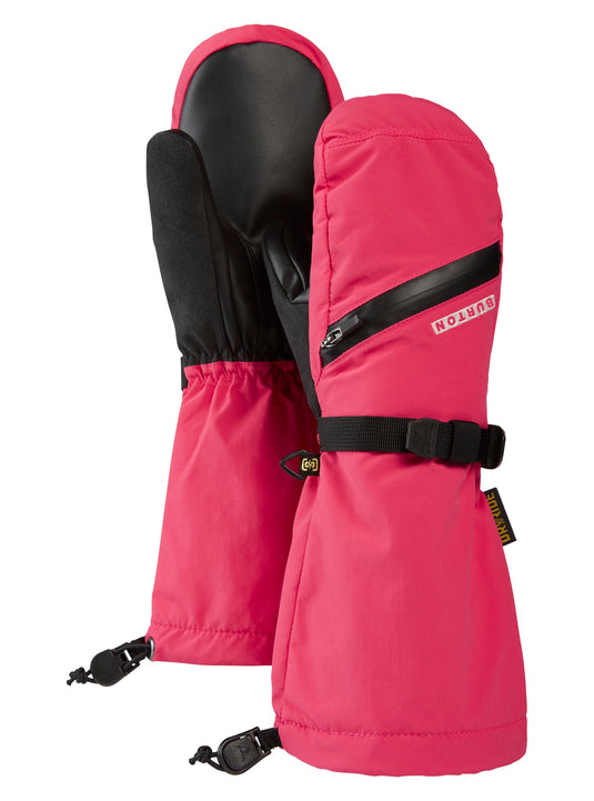 Pink snow mittens with black straps on a white background