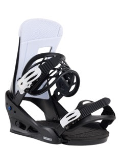 Load image into Gallery viewer, Black and white snowboard bindings on a white background
