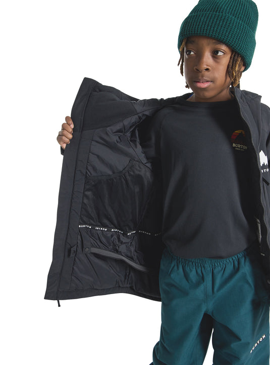 Kid wearing a black Burton jacket with visible branding, standing against a white background
