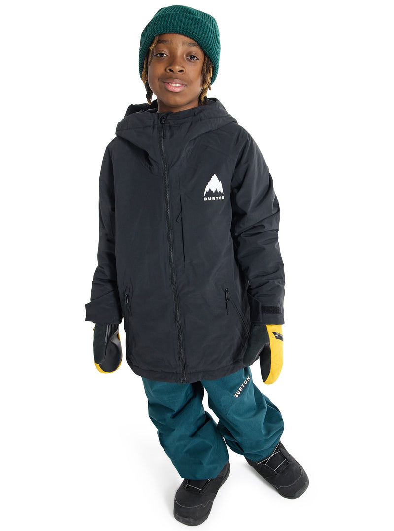 Load image into Gallery viewer, Child wearing a black jacket with a Burton logo on a white background
