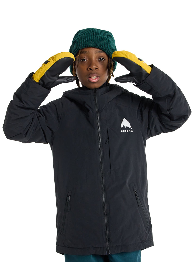 Load image into Gallery viewer, Kidwearing a black Burton zip jacket with a logo, green beanie, and yellow gloves on a white background
