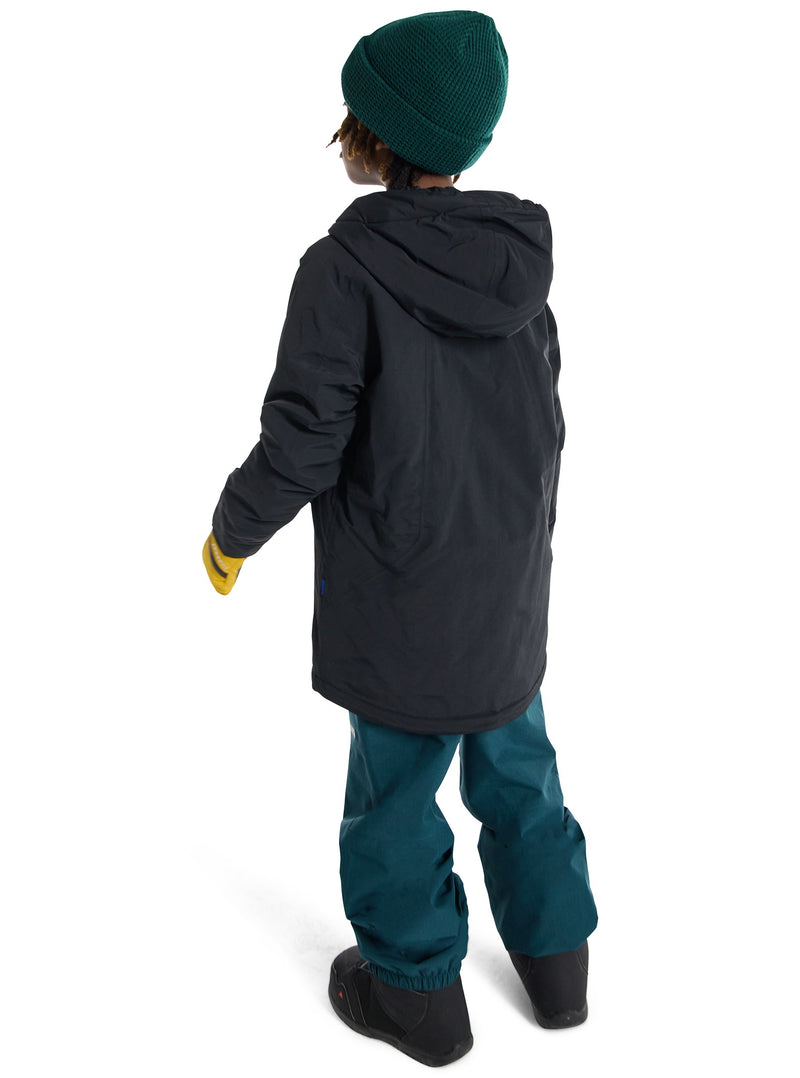 Load image into Gallery viewer, Child wearing a black Burton jacket and teal pants on a white background
