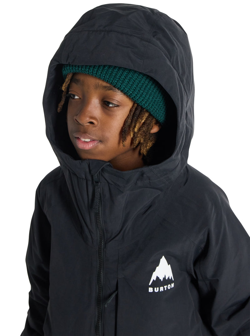 Load image into Gallery viewer, Child wearing a black Burton jacket with a visible logo on a white background
