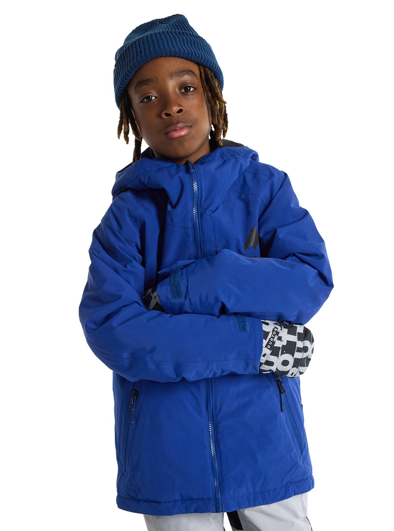 Load image into Gallery viewer, Child wearing a blue Burton jacket and beanie on a white background
