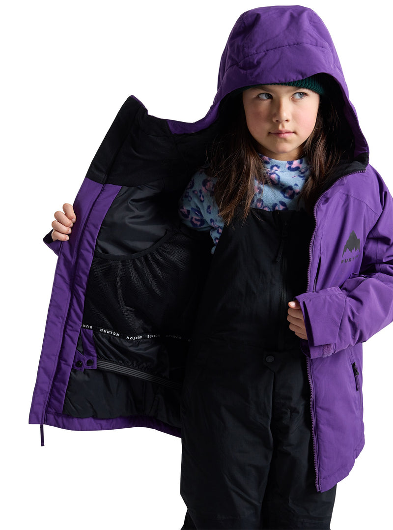 Load image into Gallery viewer, Child wearing a purple and black Burton jacket on a white background
