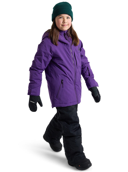 Child wearing a purple winter Burton coat, black pants, and gloves on a white background