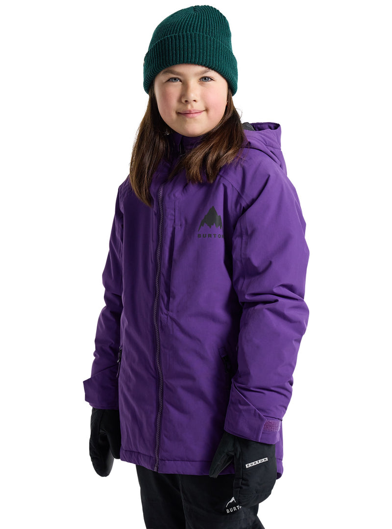 Load image into Gallery viewer, Child wearing a purple jacket with a Burton logo on a white background
