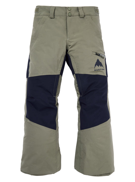 Khaki and navy pants with a Burton logo on a white background