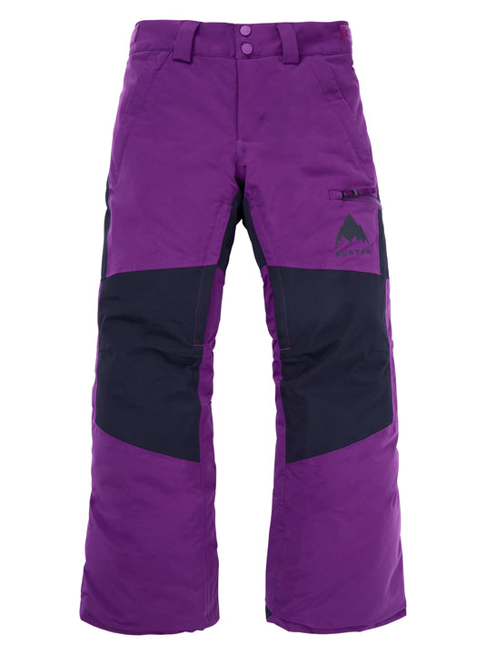 Purple and black snow pants on a white background