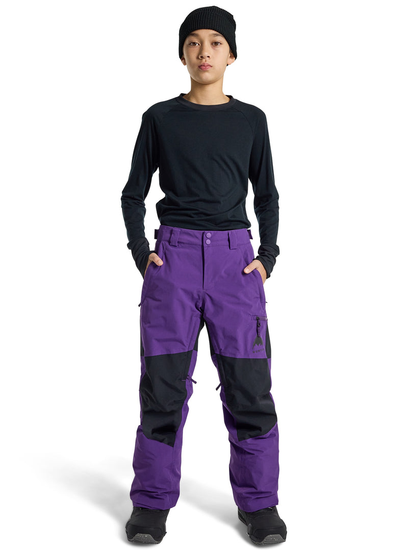Load image into Gallery viewer, Person wearing a black long-sleeve shirt and purple snow pants on a white background
