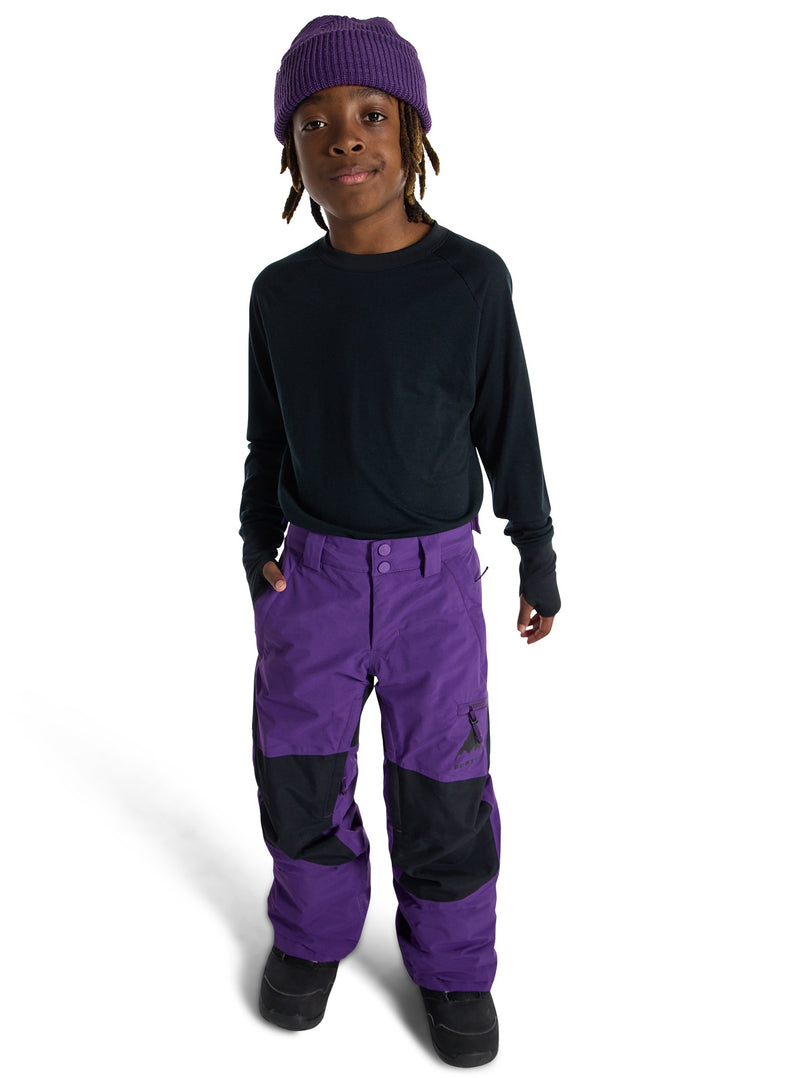 Load image into Gallery viewer, Person wearing a black long-sleeve shirt and purple snow pants on a white background
