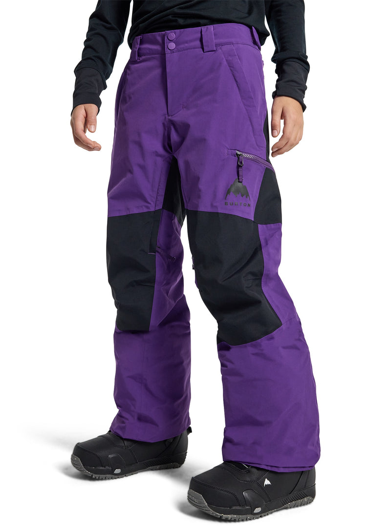 Load image into Gallery viewer, Purple snow pants with black accents worn by a person on a white background
