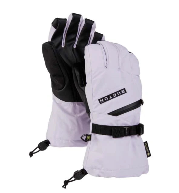 Load image into Gallery viewer, A pair of Burton snowboard gloves in light lavender and black, featuring a wrist strap and thumb release, shown against a plain white background. Ski and Tennis Station

