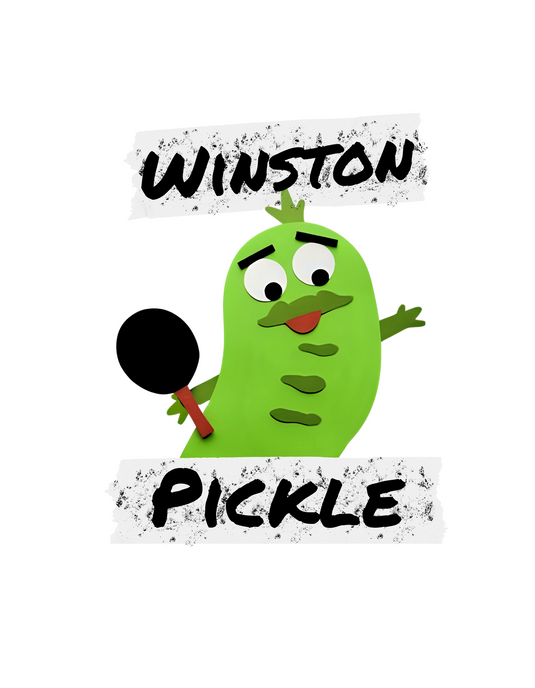 Cartoon pickle character named Winston holding a pickleball paddle on a white background