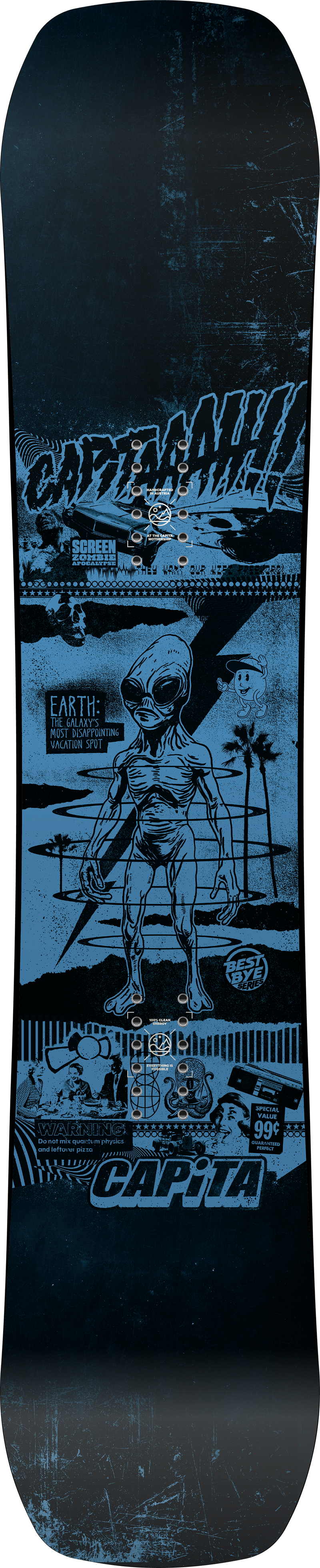 Load image into Gallery viewer, A snowboard featuring a dark blue and black graphic design with a stylized alien character and the brand name 'CAPiTA' printed in bold white text.
