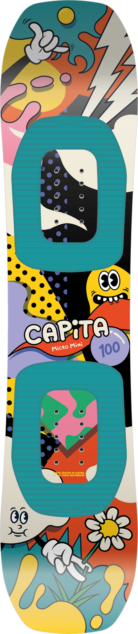 A close-up of a colorful graphic product, likely a skateboard deck or board, featuring the brand name CAPiTA and the number 100. The design is highly vibrant and cartoonish, with teal geometric shapes framing two central panels filled with abstract and character illustrations.
