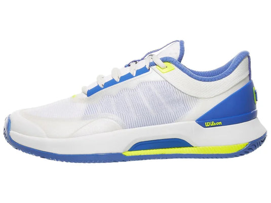 White Wilson tennis shoe with blue and yellow accents on a white background
