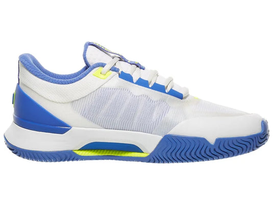 White and blue athletic shoe with green accents on a white background