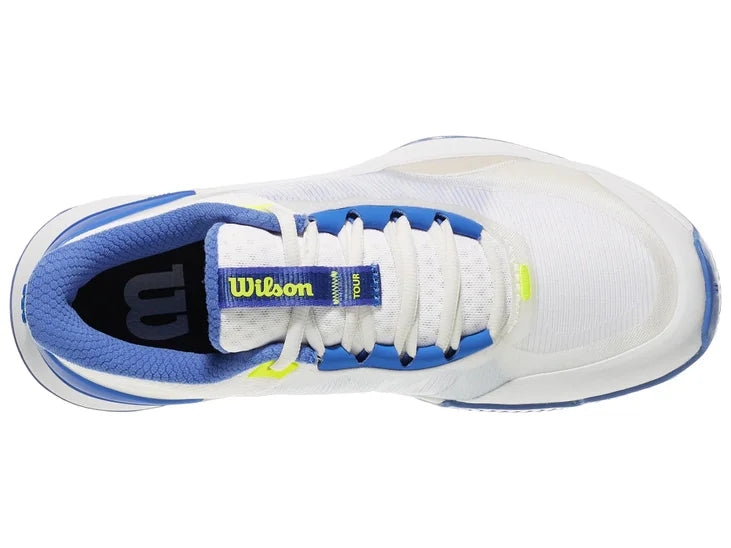 Load image into Gallery viewer, White tennis shoe with blue and yellow accents on a white background
