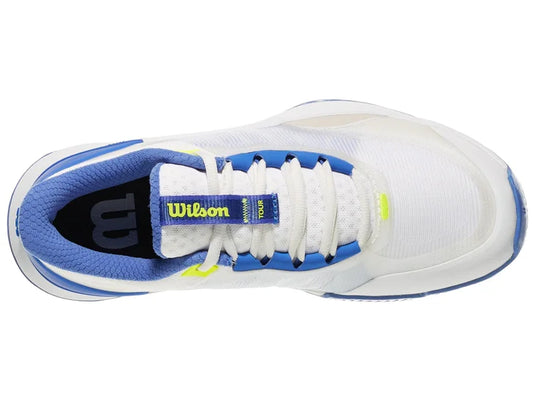 White tennis shoe with blue and yellow accents on a white background