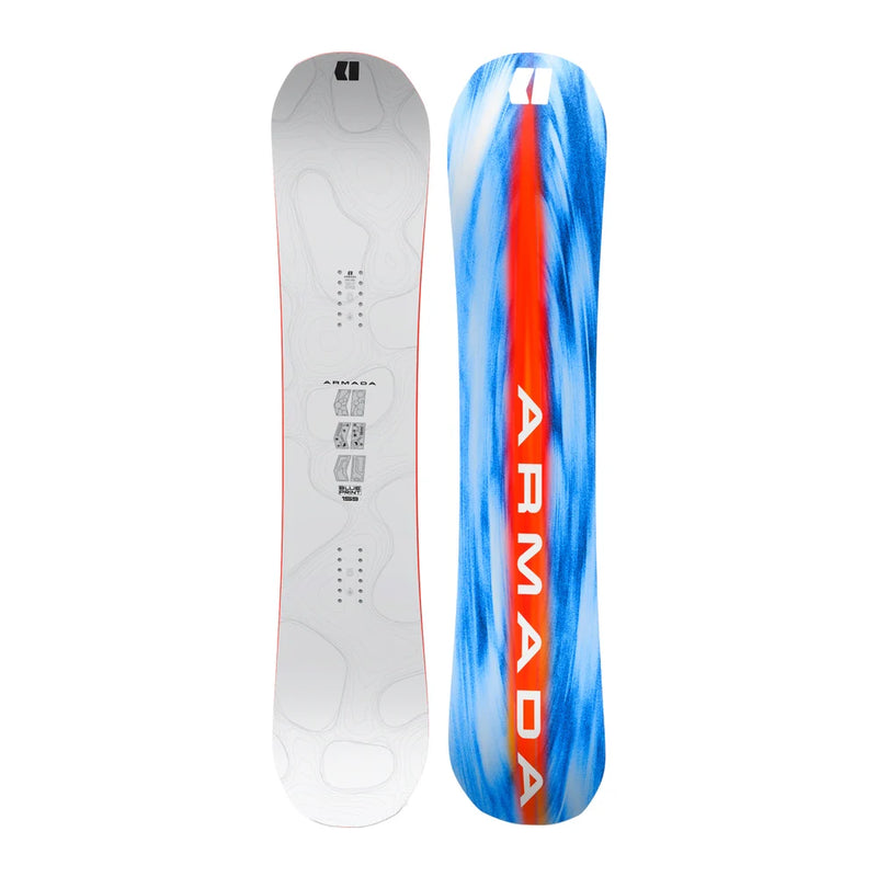 Load image into Gallery viewer, Front and back views of an Armada blueprint Snowboard on a solid white background. The top sheet features a vibrant blue and white marbled pattern with a bold red center stripe and white 'ARMADA' branding. Ski and Tennis Station
