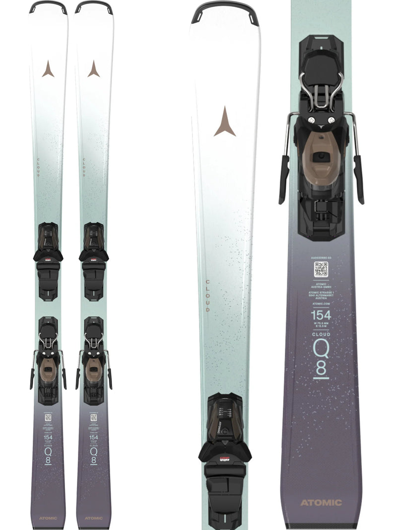 Load image into Gallery viewer, Three views of a pair of Atomic Q8 ski bindings with matching skis, showing the bindings in close-up and the full ski setup against a white background. Ski and Tennis Station
