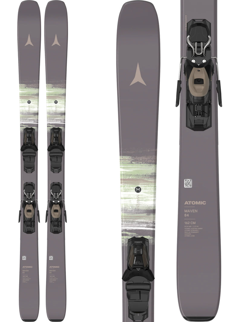 Load image into Gallery viewer, Three views of Atomic Maven 84 skis with bindings on a white background, showing the bindings, the full length of the skis, and the side profile of the bindings. Ski and Tennis Station
