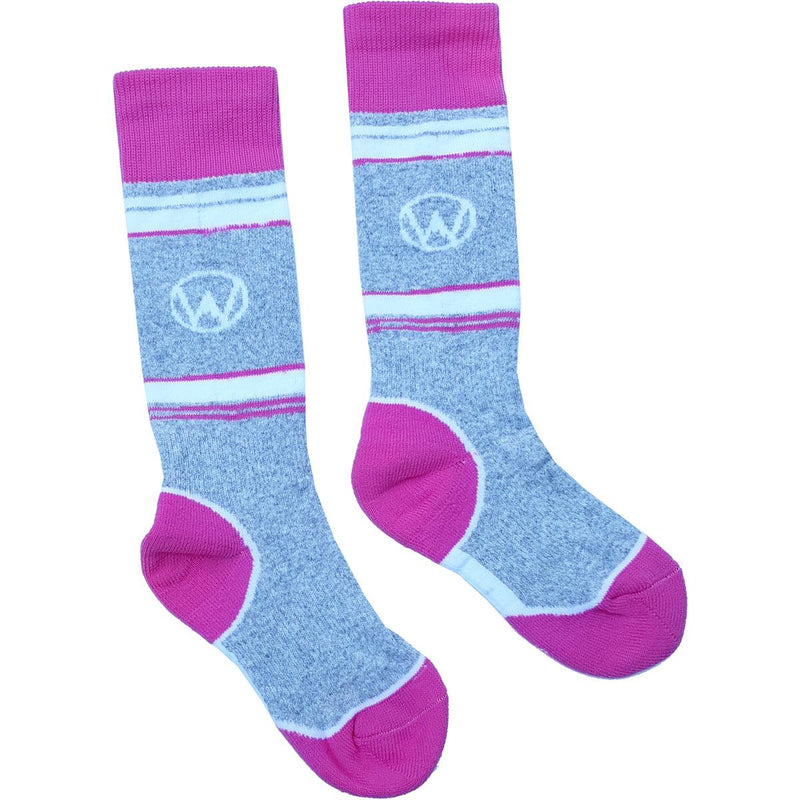Load image into Gallery viewer, Pair of socks with blue and pink design on a white background

