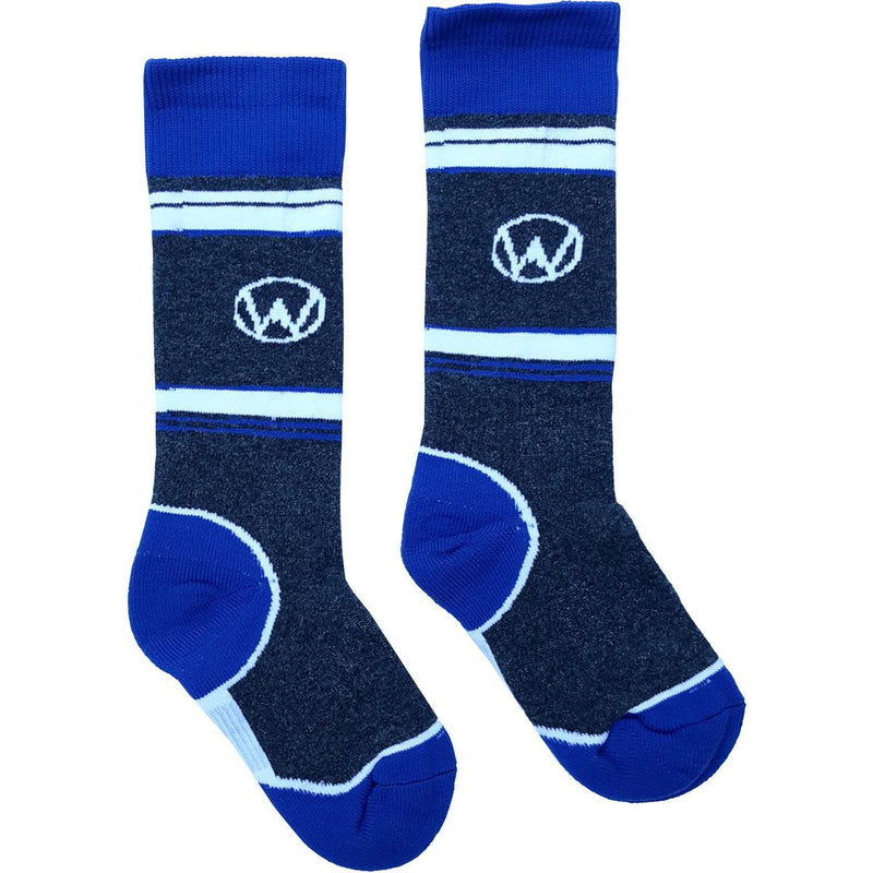 Load image into Gallery viewer, Pair of blue and gray socks with a logo on a white background
