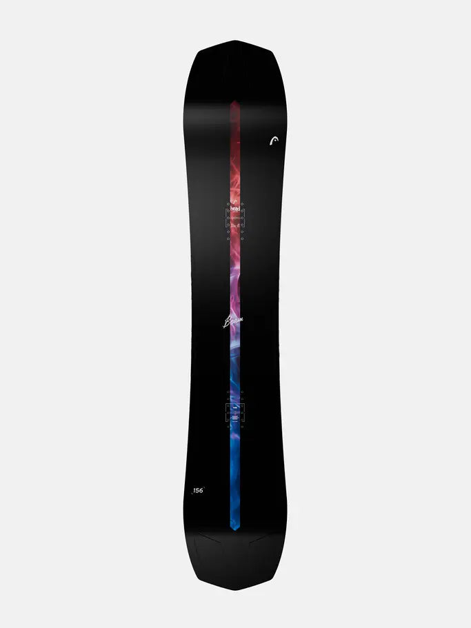 Load image into Gallery viewer, A black Head Beam unisex snowboard shown vertically, featuring a vibrant vertical graphic with pink, purple, and blue tones. Ski and Tennis Station
