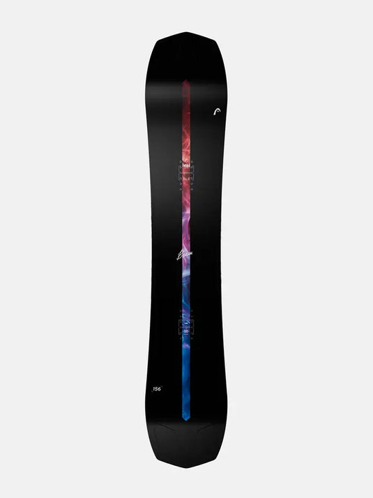 A black Head Beam unisex snowboard shown vertically, featuring a vibrant vertical graphic with pink, purple, and blue tones. Ski and Tennis Station